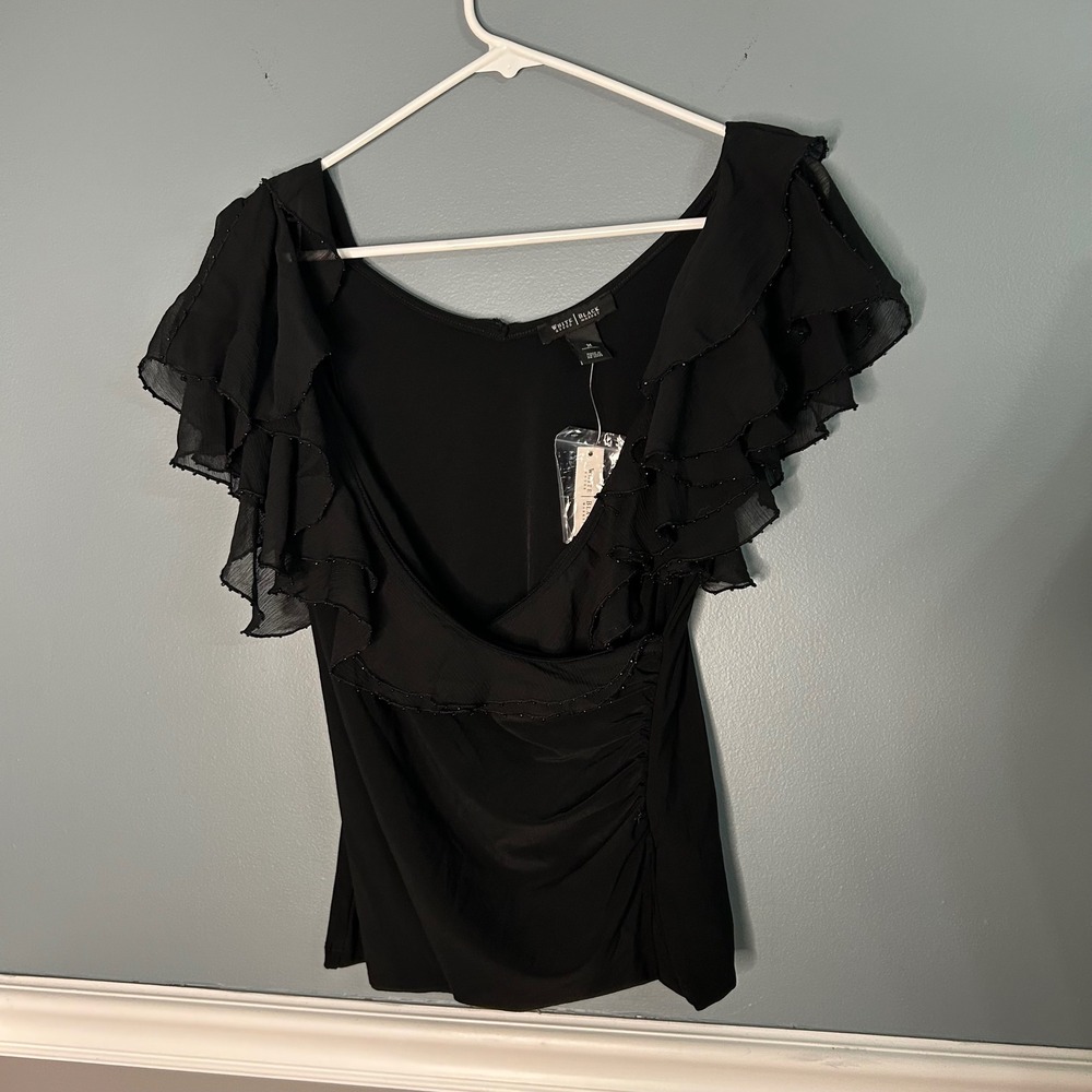 White House Black Market Black Ruffle Sleeve Beaded Wrap Top NWT Medium